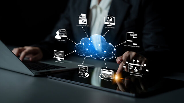 Connected cloud services displayed above a tablet and laptop