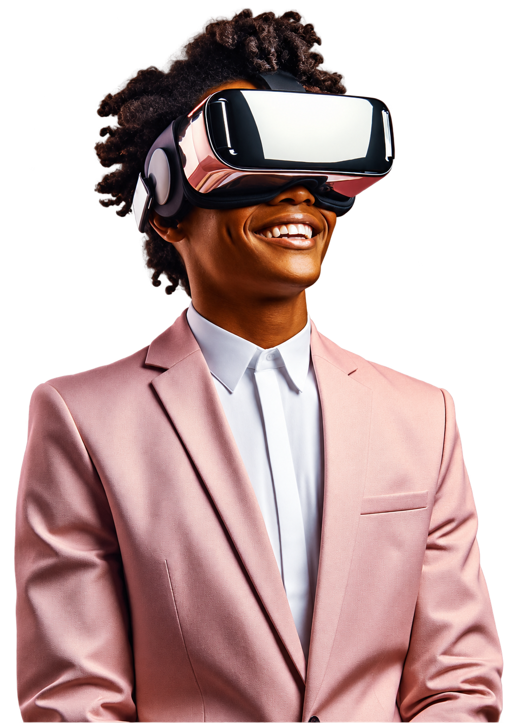 Smiling person in a pink suit wearing a virtual reality headset